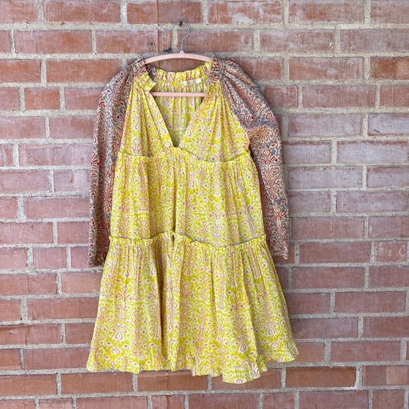 Charina Sarte‎ Swing Mini Dress Women's S Yellow Pink Poppy India Print - Picture 4 of 16